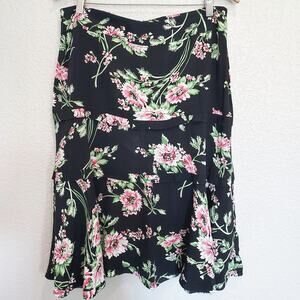 CAbi Black Tiered Ruffle Skirt Pink Flowers Size 12